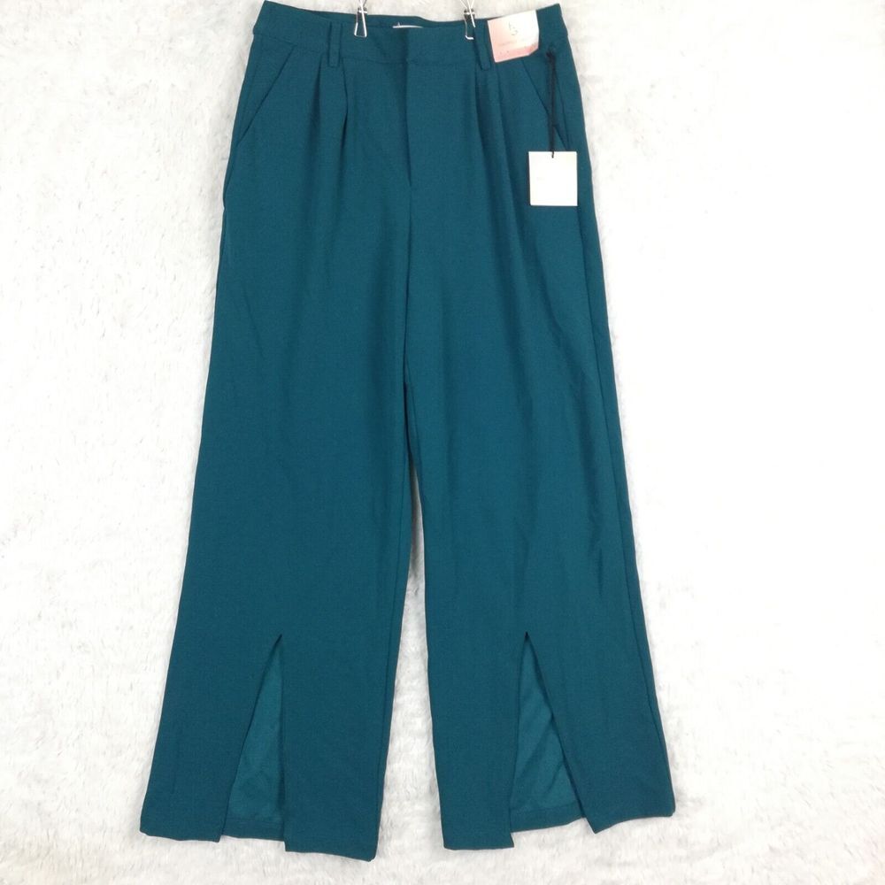 Happily Grey Womens Pants Wide Leg Trouser Pleated Teal Blue Split Hem 9 New